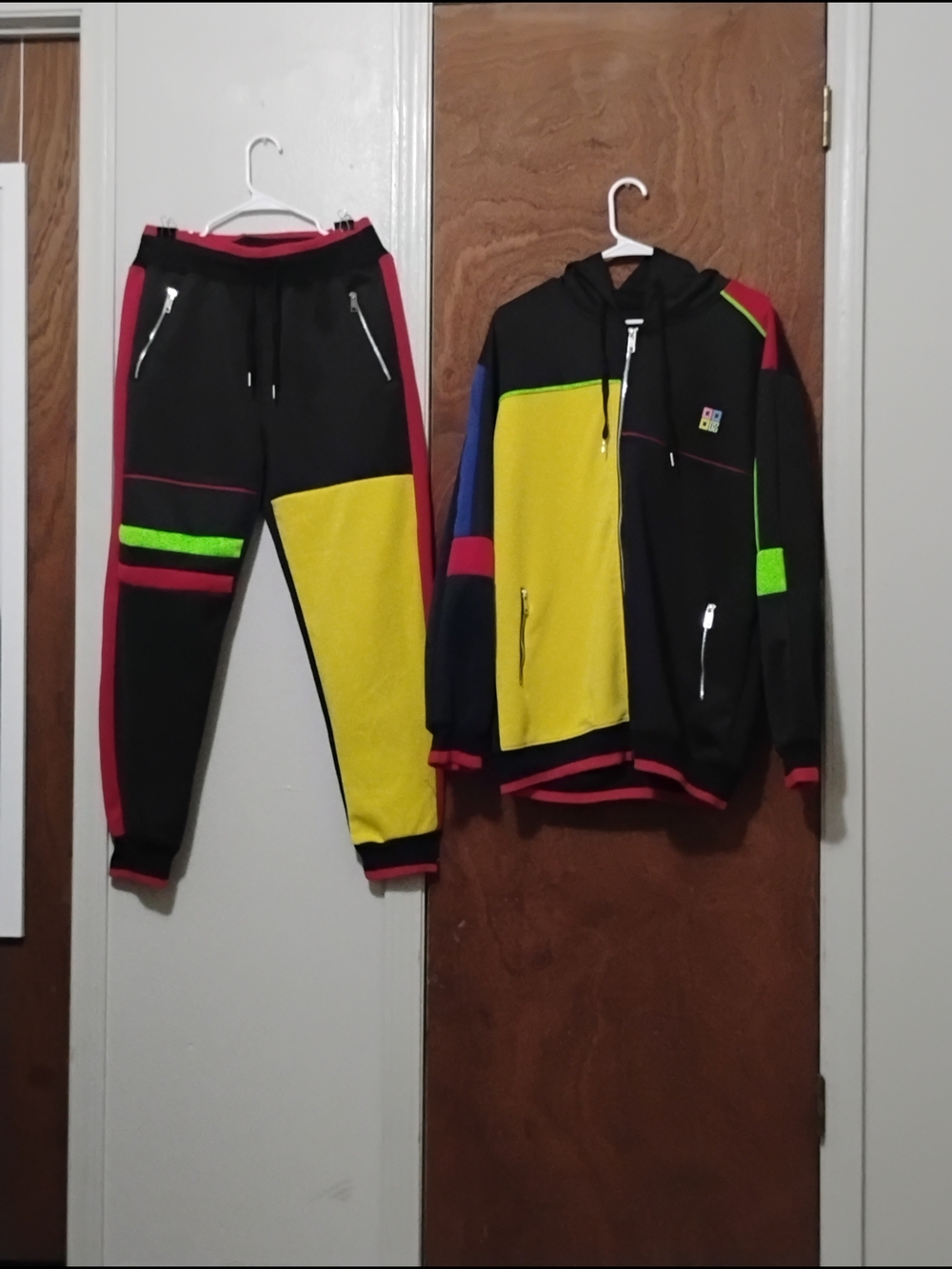 Colorblock Hoodie & Jogger Set - Black  Yellow, Red & Neon Green Accents Sz XL